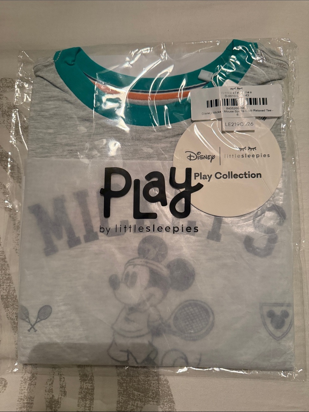 Little Sleepies Gray Tee with Teal Trim Accent Mickey Graphic 6 New